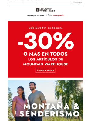 Mountain Warehouse (Spain) - ¡No lo dejes pasar! Este finde, 30% menos en tu compra 🚨