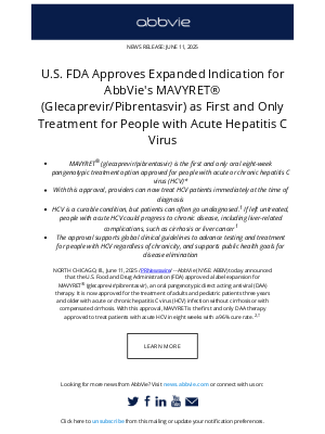 AbbVie - AbbVie Press Release: U.S. FDA Approves Expanded Indication for AbbVie's MAVYRET® (Glecaprevir/Pibrentasvir) as First and Only Treatment for People with Acute Hepatitis C Virus