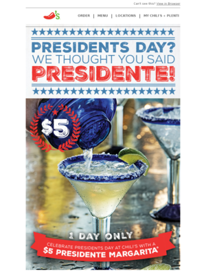President's Day email from Chili's Grill & Bar