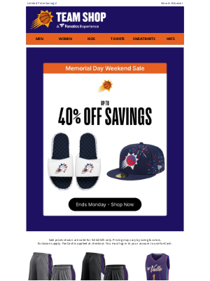 Phoenix Suns - Take Up To 40% Off Suns Styles For Memorial Day Weekend