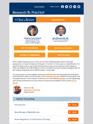 Research To Practice - Year in Review: Myelofibrosis — A CME/MOC video and audio program and companion lecture library