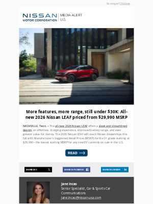 Nissan - More features, more range, still under $30K: All-new 2026 Nissan LEAF priced from $29,990 MSRP