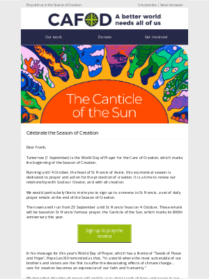 CAFOD (Catholic Agency for Overseas Development) (United Kingdom) - Join us in prayer throughout the Season of Creation, Frank 🙏🏻