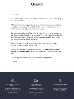 Quince - We’re not raising prices