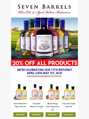 Seven Barrels - Happy Friday Reminder: SAVE 20% Sitewide for Our 11th Birthday!