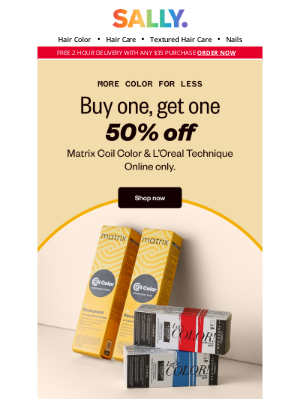 Sally Beauty - Just added, online only: Buy one, get one 50% off select hair color