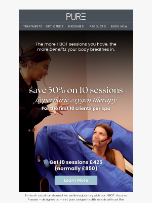 PURE Spa & Beauty - Save 50% off on 10 Hyperbaric Oxygen Therapy Sessions 🌬️