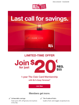 BJ's Wholesale Club - Last call to start saving big! ⏱️