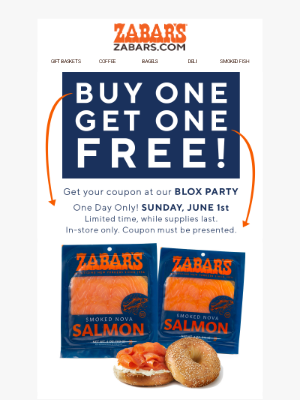 Zabar's - BOGO Nova at our BLOX PARTY! Join us tomorrow: Sunday, June 1st at Zabar's!