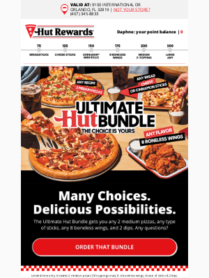 Pizza Hut - 2 med 🍕 + 8 boneless 🍗 + any 🥖 = Ultimate Hut Bundle