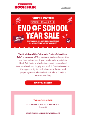 Scholastic - ⏰ Time's running out: Shop a Scholastic End-of-School-Year Sale near you!