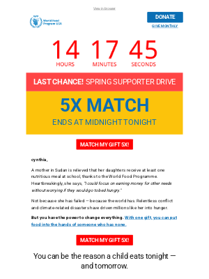 World Food Program USA - ⚠️!! This is it, cynthia! 5X MATCH ending!!