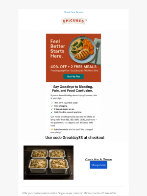 Epicured - Relief starts here: 40% OFF + 2 Free Meals this week only