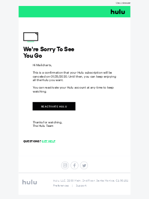 Hulu - Your Subscription Will Be Canceled