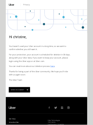 Uber - Your Uber account closes in 30 days unless you login