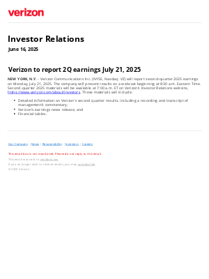 Verizon - Verizon to report 2Q earnings July 21, 2025