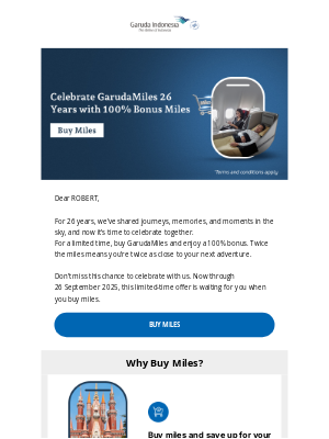 Garuda Indonesia - Celebrate GarudaMiles 26th Anniversary with 100% Bonus Miles!