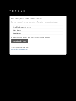 Throne Watches - Throne newsletter signup: Subscription Confirmed