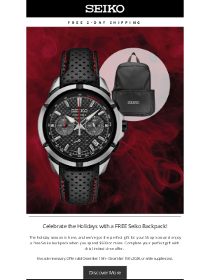 Celebrate the Holidays with a FREE Seiko Backpack!