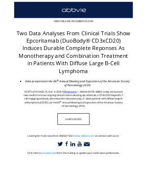 AbbVie - AbbVie Press Release: Two Data Analyses From Clinical Trials Show Epcoritamab (DuoBody® CD3xCD20) Induces Durable Complete Reponses As Monotherapy and Combination Treatment in Patients With Diffuse Large B-Cell Lymphoma