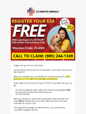 US Service Animals - Last Day: Register Your ESA for Free! ⏳