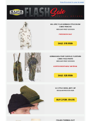 Major Surplus - SALE! GERMAN STYLE SNOW CAMO PONCHO, FLEKTARN CAMO FIELD PATS, U.S STYLE WOOL JEEP CAPS, ITALIAN BASE LAYER THERMALS, GENUINE G.I INFLATING GROUND MAT, SLEEPING BAG AND MORE