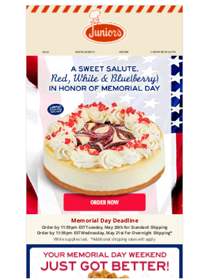 Junior's Restaurant & Cheesecake - This Memorial Day, We Salute Our Heroes with Something Sweet