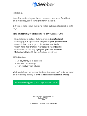 AWeber - Labor Day Sale: Your email marketing ready next week - $79