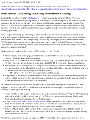 Truist Financial - Truist receives 'Outstanding' Community Reinvestment Act rating