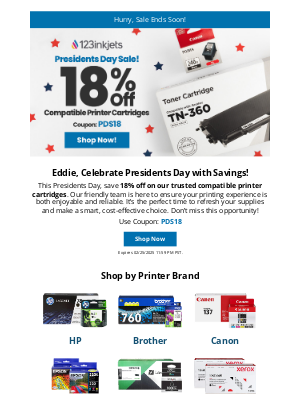 123inkjets - Final Call: 18% Off Ink for Presidents Day!