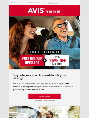 Avis Car Rental - DEAL ALERT: Free Double Upgrade + Save up to 25%