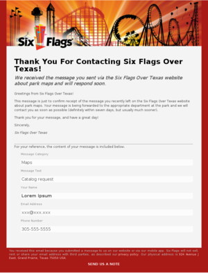 Six Flags - Confirmation: Six Flags Over Texas received your message!