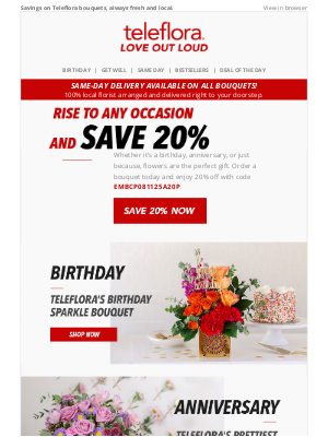 TeleFlora - Rise to Any Occasion 🌷🎂🍼🎉 Enjoy 20% Off
