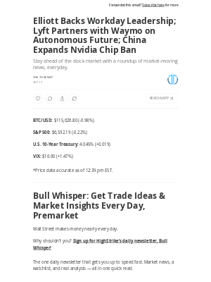 Tokenist - Elliott Backs Workday Leadership; Lyft Partners with Waymo on Autonomous Future; China Expands Nvidia Chip Ban
