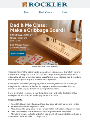 Rockler Woodworking and Hardware - Last Chance — Sign up for the Dad and Me Class at Your Fairfax Store!