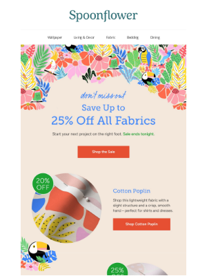 Spoonflower - Don’t miss out: up to 25% off fabrics