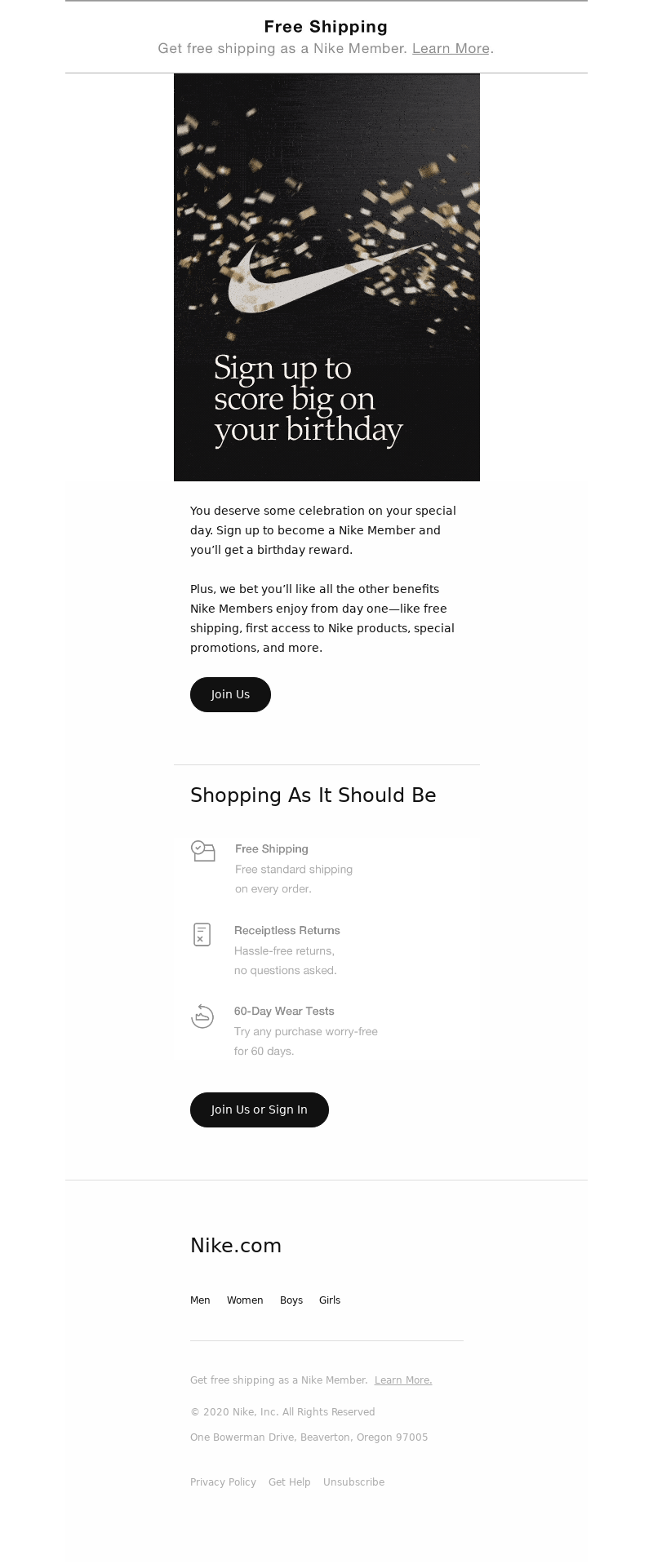 Email example from Nike asking customers for their birth date