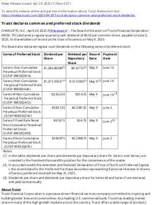Truist Financial - Truist declares common and preferred stock dividends