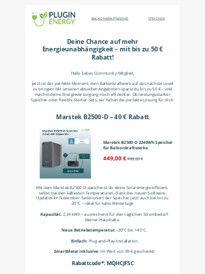 Pluginenergy (Germany) - Spare bis zu 50 € auf Speicher und Starter-Sets für dein Balkonkraftwerk!