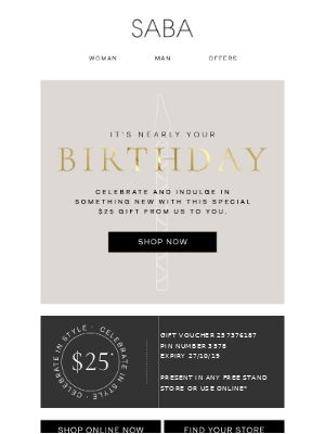 Simple birthday email design from Saba