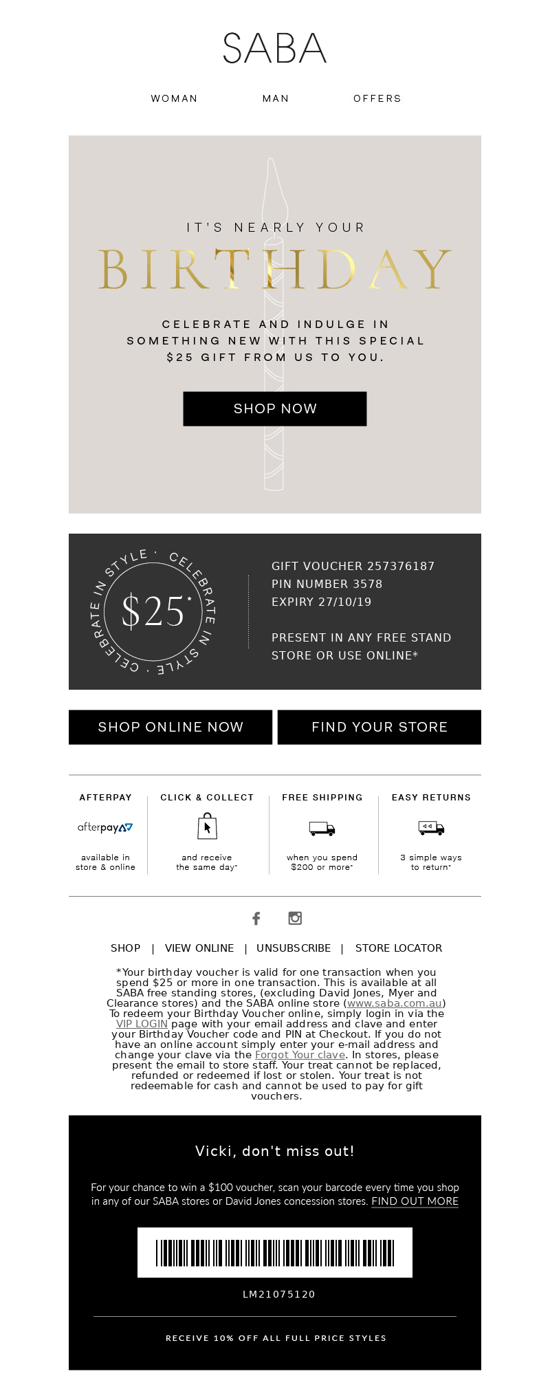 Simple birthday email design from Saba