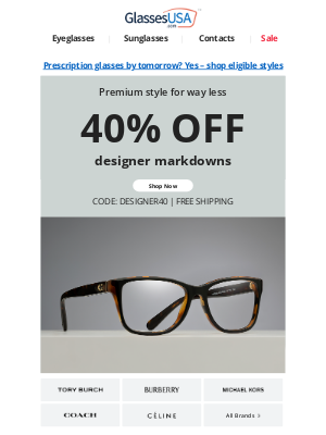 Glasses USA - Big names, big savings 🔥 40% off designer frames - on top of markdowns!