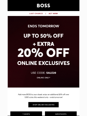 HUGO BOSS - Extra 20% off sale ends tomorrow!