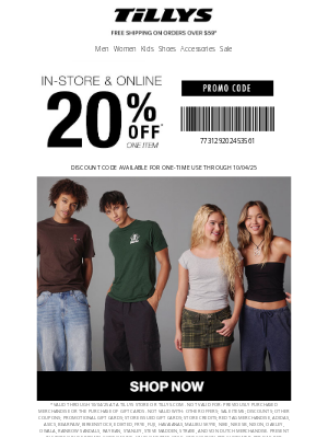 Tillys - 📣Just For You 📣 20% Off 1 Item