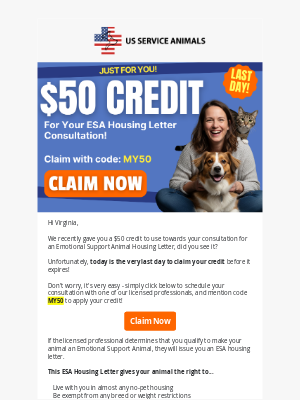 US Service Animals - Your $50 Credit Expires Today! 🌟