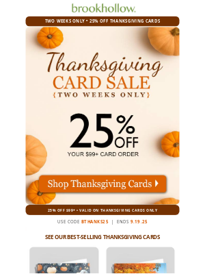 Brookhollow Cards - Shop Thanksgiving Cards NOW & SAVE 25% With $99 Order!
