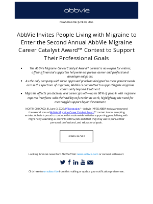 AbbVie - AbbVie Press Release: AbbVie Invites People Living with Migraine to Enter the Second Annual AbbVie Migraine Career Catalyst Award™ Contest to Support Their Professional Goals