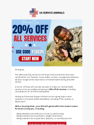 US Service Animals - Salute to Self-Care: Get 20% Off All Services 🇺🇸