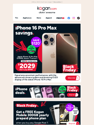 Kogan - Black Friday Deal: iPhone 16 Pro Max - Save $120 + free shipping!