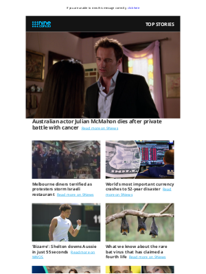 9NOW (Australia) - Aussie star Julian McMahon dies at 56 | Arson attack at Melbourne synagogue